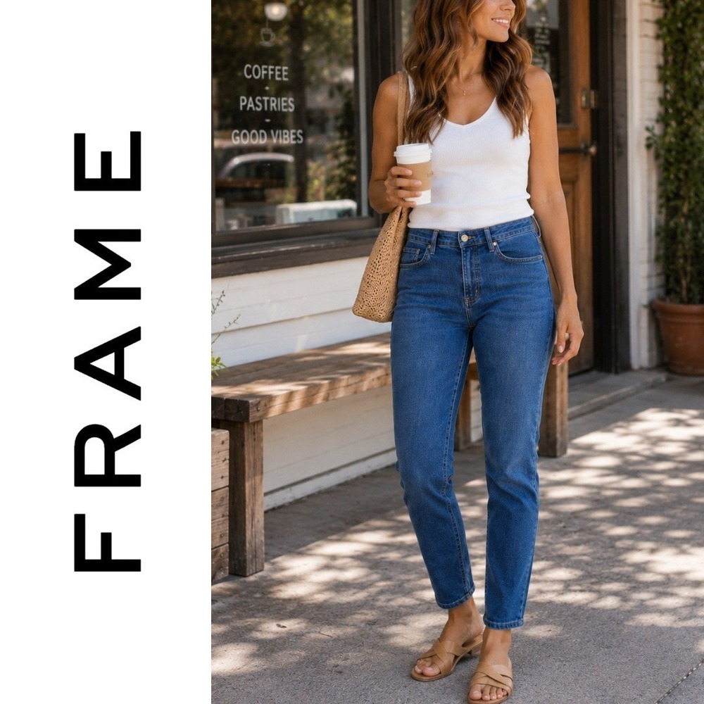 FRAME, Le Garcon Slim Boyfriend Jeans Medium Dark Wash Blue LGJ793 Size 31
